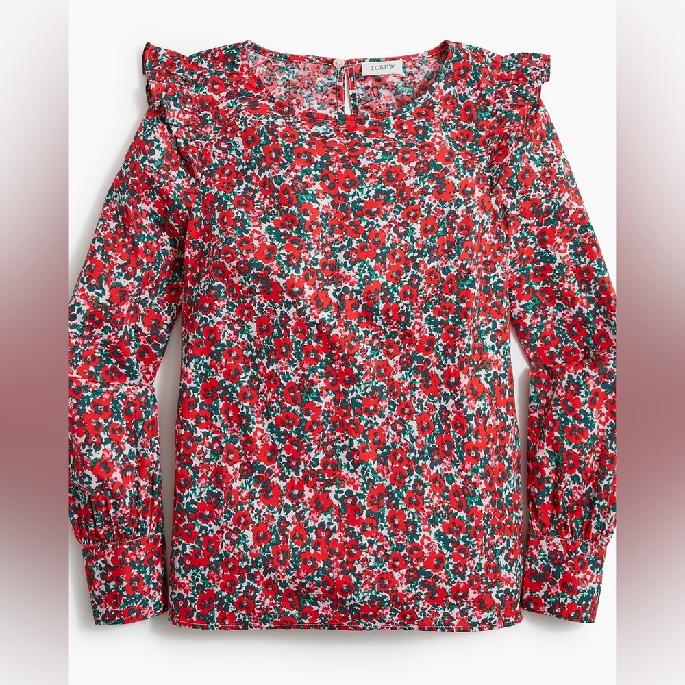 J. CREW Red White Green Long-Sleeve Cotton Blend Poplin Ruffle Top NWT | Size L